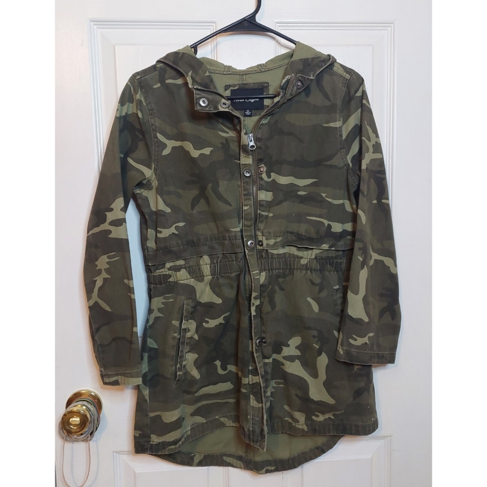 Miss Selfie Green Camo Canvas Military Jacket Cinch Waist Hooded Grunge Size 16